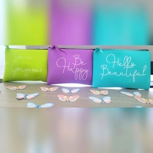 3 pack Inspirational Vanity Bag (8"x5.5"). Easy zip close, neoprene fabric. #234